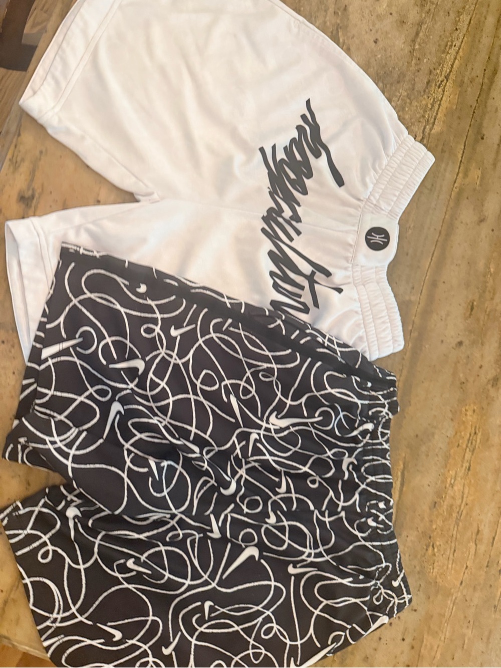 White Graphic Athletic Shorts & Black Scribble Print Shorts